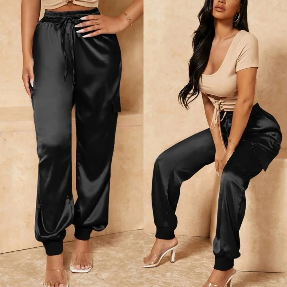 Black jogger cargo Satin Drawstring Waist Pants - Picture 2 of 8